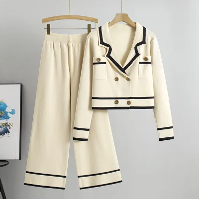 Wholesale Autumn Slimming Fashion Casual Ribbed Knitted Jacket Sweater and Wide Leg Pants 2 Piece Ladies Two Piece Set for Women