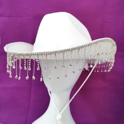 Novelty Womens White Bridal Cowboy Fringe Hat Rhinestone Fringe Wide Brim Cowgirl Hat with Diamond Fringe for Bridal  Shower