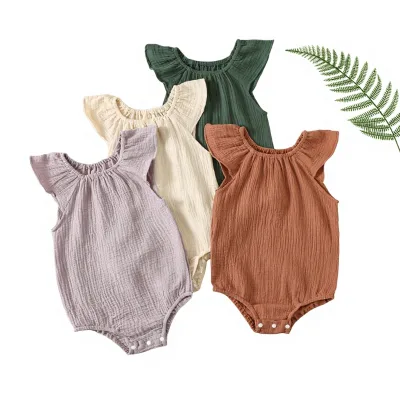 Cross-Border Newborn Cotton Romper Flying Sleeves Summer Girls' Double-Layer Gauze Baby Onesie Single-breasted Closure Climbing