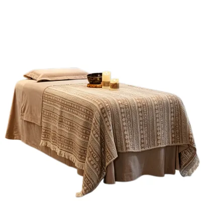 Khaki Double-sided Bohemian Striped Jacquard Pure Cotton Tassel Blanket Bed Blankets Versatile Summer Throw Blanket