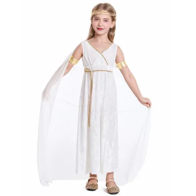 Halloween Greek Myth of the Goddess of Liberty Girl White Shawl Dress Greek Mythology Costume for Kids