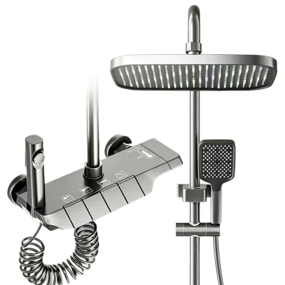 Modern Gunmetal Grey All Brass Complete Shower System Piano Key LED Temperature Ducha Griferia