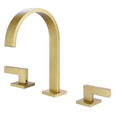 Brushed Gold Widespread Bathroom Faucet 3 Hole Square Gooseneck Spout L Shape Square Handle Square Base Modern Luxury