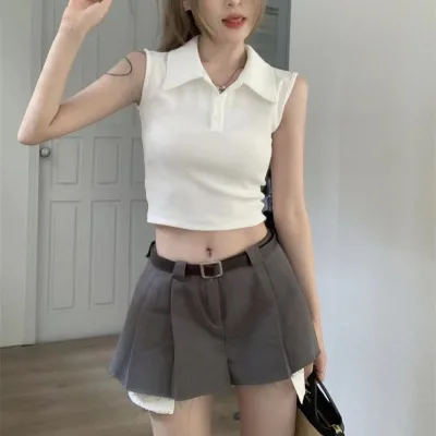 Summer Ribbed Polo T-shirt Top Vest for Women Short Sleeveless Collar Tank Women's Sleeveless Design Vest Sports Slim Fit Shirt