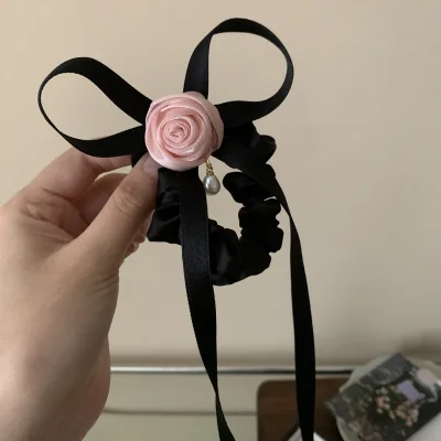 Women French Decorative Pink Rose Hair Scrunchies Pearl Floral Bow Hair Ties with Ribbon
