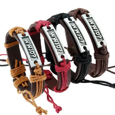 Fashion Creative Metal Charm Bracelet Genuine Leather Cord Wristband Leather Wax Rope Braided Bracelet