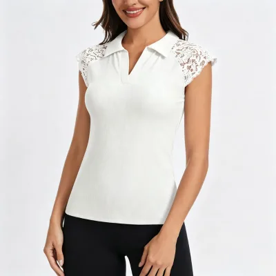 Custom Wholesale Collar V Neck Ribbed Knit Lace Cap Short Sleeve Raglan T-Shirt Summer Casual Anti-Wrinkle Women T Shirts