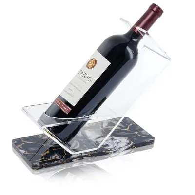Custom Black Gold Marble Base Acrylic Single Wine Bottle Holder | Lucite Slanted Tabletop Wine Display Stand