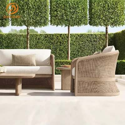 Modern Teak Wood Outdoor Sofa Set Modular Patio Lounge Furniture with Rattan Wicker Panel Brown Cushions Villa Resort Poolside