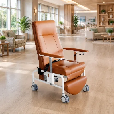 High Quality Hospital Recliner Chair Mobile Patient Care Chair with Reclining Backrest Leg Rest and Four Medical Caster with CE