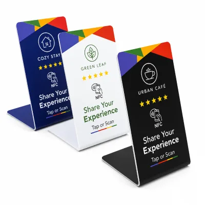 Custom Logo Ntag213 PVC White Board NFC Stand with QR Code Tap to Review Table Sign