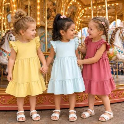Wholesale Cotton Children Dress Round Neck Flutter Sleeve Back Button Beach Vacation School Playdate Girls Casual Dresses