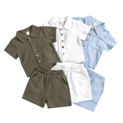 Hot Sales Boys Clothes Solid Color Polo Collar Shirt+ Elastic Waist Shorts With Pocket Linen Fabric Casual Boy Two Pieces Set