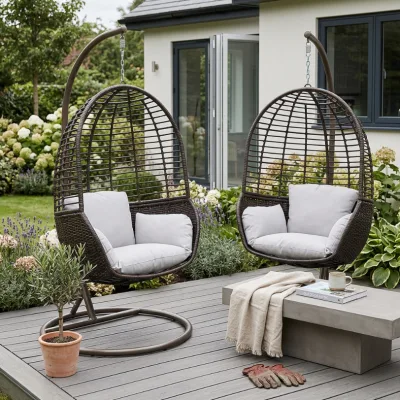 Freestanding Dark Brown PE Rattan Egg Swing Chair Tall Oval Woven Hammock Chair with Full Grey Cushion Set