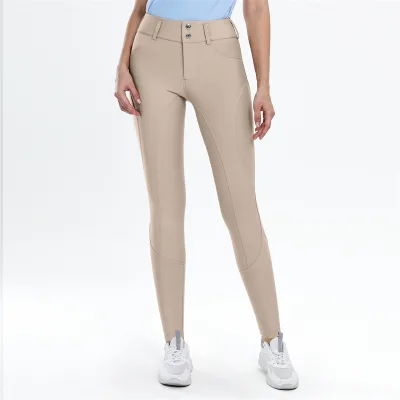Factory Lightweight Khaki Women Horse Ride Leggings Elastic Anti slip High Waist Equestrian Breeches with Button for Racing
