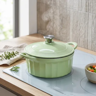 Vertical Ribbed Light Green Enamel Cast Iron Dutch Oven LFGB FDA Certified Round Cocotte Pot With Lid