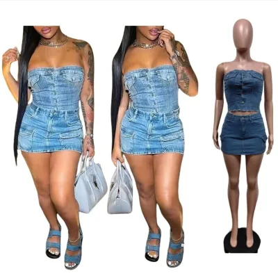 F88555 Latest Design Summer Clothes High Street Stretch Jean Tube Top Belted Crop Top Mini Denim Skirt Set Casual Women's Sets