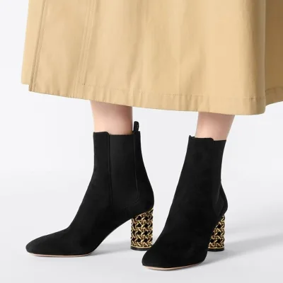Solid Sexy High Round Heels Women Square Toe Suede Ankle Boots Gold Cut Out Chunky Stiletto Shoes Stretchy Upper Short Booty