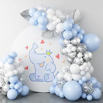 Children's Birthday Baptism Wreath Set with Blue Silver Colorful Paper Scrap Balloons Baby Blue and White for Partying