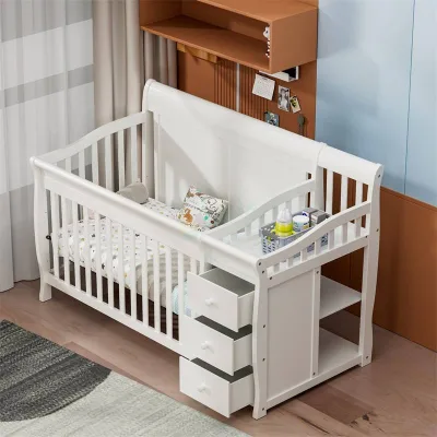 Wooden Baby Bed, Children's Bed, Can Be Transformed Into an Adult Bed, Adjustable Height Solid Wood Baby Bed with Drawers