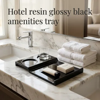 EASTON 5 Star Hotel Bathroom Luxury Durable Glossy Black Resin Bath Amenities Tray with Custom Logo Option