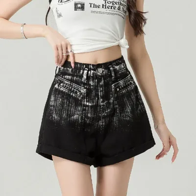 2024 Summer Women High Waist Denim Shorts Ladies Button Ruffled Jeans Short Pants Vintage Female Casual Loose Straight Shorts