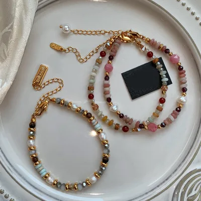 SL475 Natural Stone Bead Freshwater Pearl Bracelet Layered Women's Bracelet