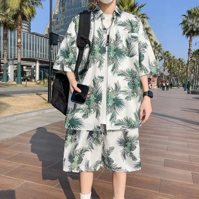 Men's Tropical Print Two Piece Set - Short Sleeve Hawaiian Shirt & Shorts Beach Vacation Outfit