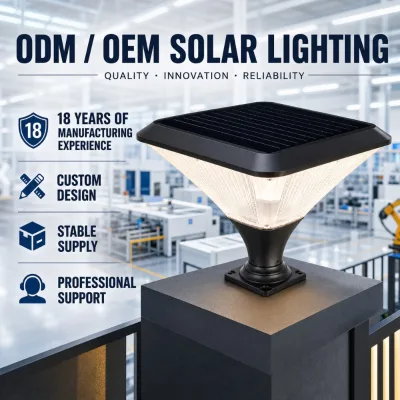Commercial Project Solar Post Top Light 30W 2000LM High Lumen 25W Solar Panel 30Ah Battery Exterior Column Lamp