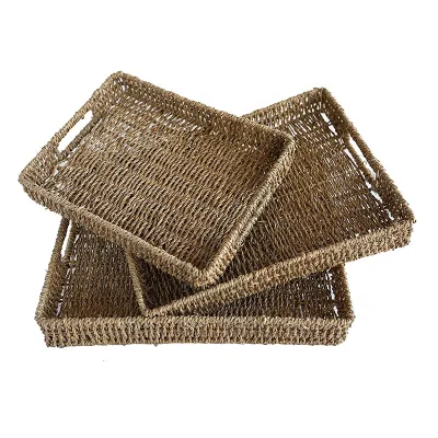 Seagrass Serving Tray Rectangular Decorative Box for Home Decor Kitchen Trays for Counter Wooden Handles Seagrass Baskets Set