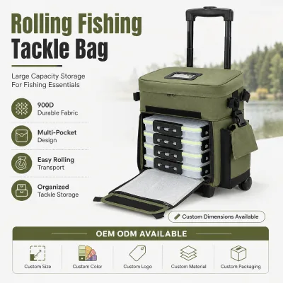 OEM Custom Sports Fishing Luggage Trolley Case Rod Holders Large Waterproof Green Fishing Tackle Bag Backpack