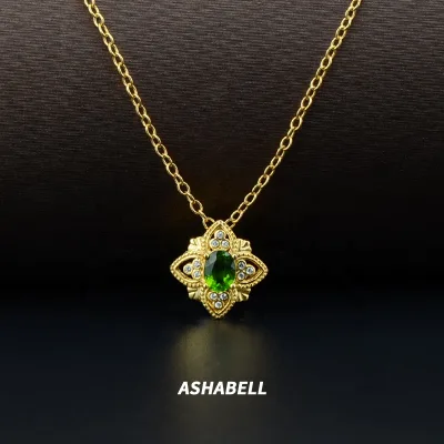 Inlaid Diopside Gemstone Pendant Necklace Women Fine Jewelry Silver Plated Gold Vintage 925 Silver Sterling Silver Rhombus 1 Pcs