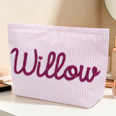 Aesthetic Preppy Striped Makeup Bag with Chenille Letter Embroidery Large Capacity Cosmetic Wash Bag for Bridesmaid Gift