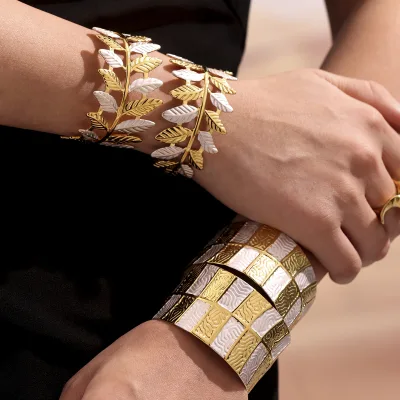 Two Tone Gold Silver Leaf Cuff Bangle Stainless Steel Open Adjustable Nature Inspired Fashion Bracelet