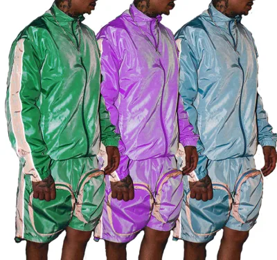 Custom Nylon Windbreaker Lightweight Zip up Jacket and Cargo Shorts Two Piece Set Men Reflective Windbreaker Jacket Tracksuit