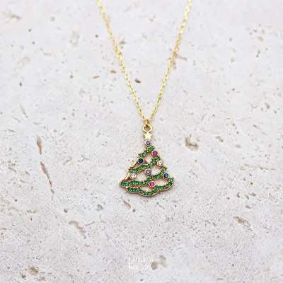 925 Sterling Silver Christmas Tree Pendant Necklace 14K Gold Plated with Diamond Chains Type Holiday Gift Gift for Christmas