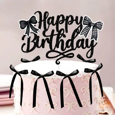 Elegant Black & Pink Glitter Happy Birthday Topper with Bows for Luxury Party Cake Decoration
