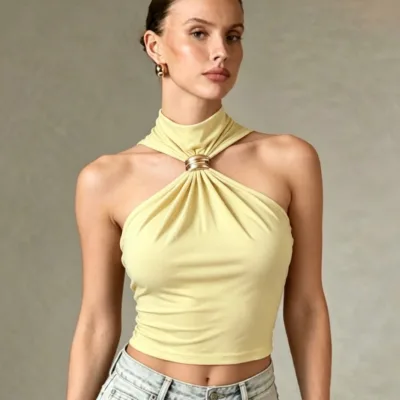 Women Metal Ring Halter Neck Crop Top Twisted Front Sleeveless Fitted Tank Top Casual Daily Camisole