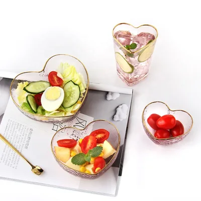 GARBO Customizable Heart Shape Gold Rim Disposable Eco-Friendly Glass Classic Pink Salad Mixing Fruit Kitchenware Microwave Bowl