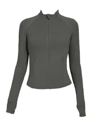 Women's Slim Fit Quick Dry Nylon Sports Long Sleeve Top Zip-Up Turtle Neck Ribbed Workout Jacket Thumb Hole Spring Puffer