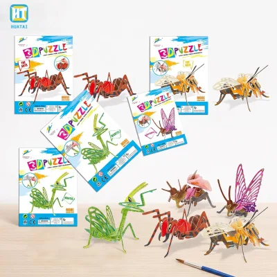 HTL 3D Paper Puzzle DIY Coloring Set Insect Series with Watercolor Pens Jigsaw Puzzles Educational Assembly Toy for Kids