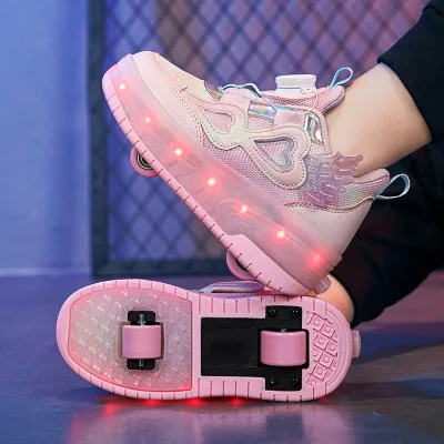 Girls Summer Winter Simple Walking Retractable Flashing LED Lights 2-Wheel Durable Comfort Roller Skate Shoes