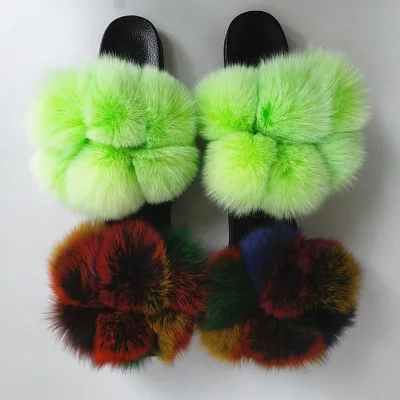 2020Custom Color Big Fluffy Fur Ball Pom Pom Real Fox Racoon Furry Fur Slippers Toddler Fur Slides for Mommy and Kids