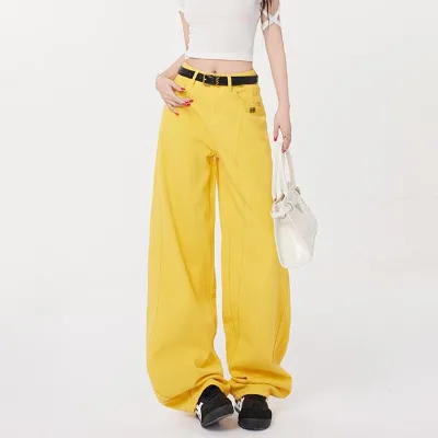 High Street Lemon Yellow Sickle Wide Leg Women's Hot Girl Jeans