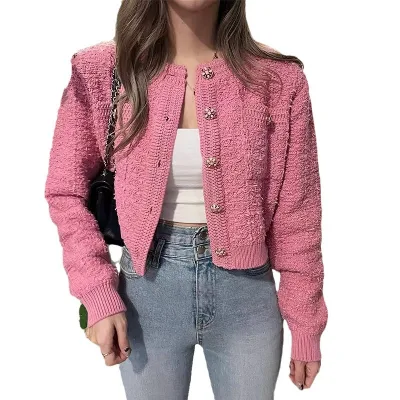 Korean Dongdaemun 2026 Autumn-Winter New Crochet Knitted Neck Single-Row Button Sweet-Style Casual Eco-Friendly Long Sleeve