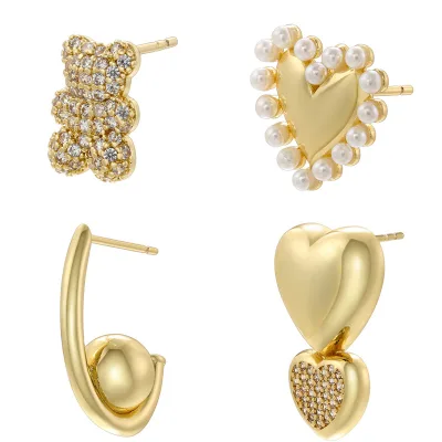 Glowluxe Asymmetrical Stud Earrings Gold Plated Copper Alloy Heart Pearl Bear Geometric Fashion Jewelry