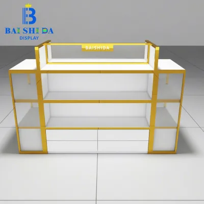 Luxury Gold Frame With Drawers Custom Beauty Shop Retail Furniture Cosmetic Display Cabinet