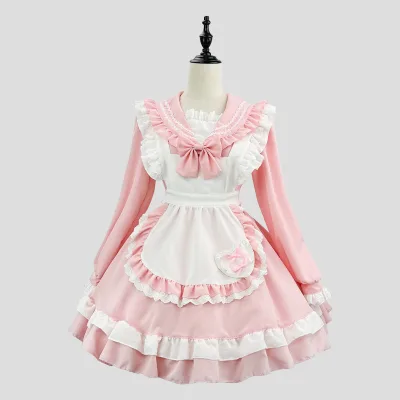 New Style Daily Japanese Style Sweet College Sailor Suit COS Maid Long Sleeve Dress with Ruffle Trim Polyester Apron Suit