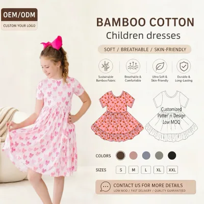 Custom Bamboo Fiber Garden Floral Allover Print Kids Girls Dress Crew Neck Short Sleeve Ruffle Hem Twirl Children Outfit