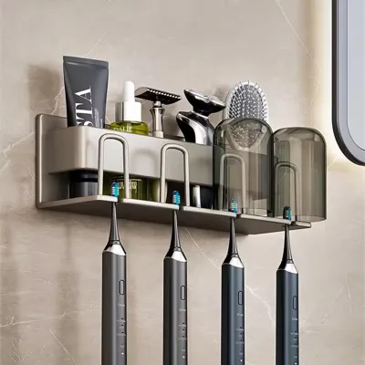 Bathroom Organizer Accessories Waterproof Wall Hanging Toothpaste Storage Rack Multi-functional Punch Free Toothbrush Holder